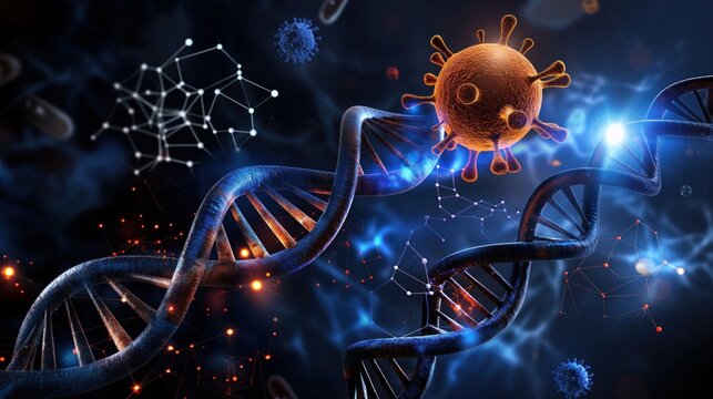 Abstract digital depiction of DNA helix with glowing elements, symbolizing innovation in biotechnology. - Powered by Adobe