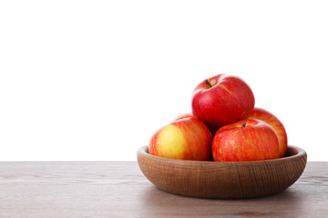 Ripe red apples in bowl on wooden table against white background, closeup. Space for text
