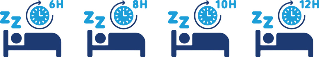 sleep, duration, hours, bed, sleeping, clock, time, zzz, icon, symbol, health, wellness, rest, infographic, concept, blue, dark blue, white background, graphic, illustration, design, cycle, routine, s