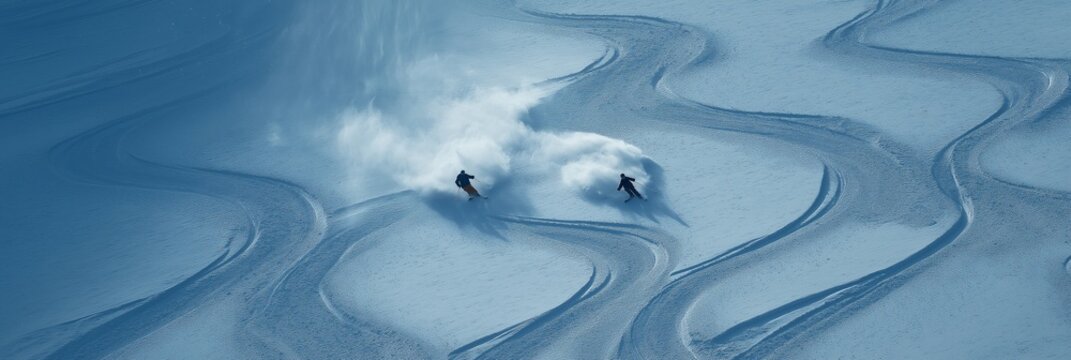 Freeride skiing. Two skiers descending a snowy mountain, kicking up powder snow and leaving tracks