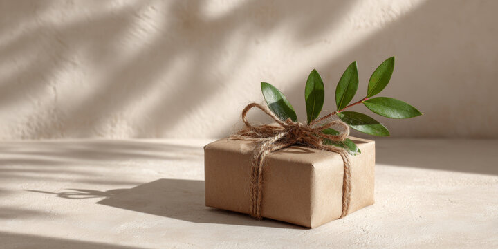 A wrapped gift with a sprig of green leaves on top, tied up in twine