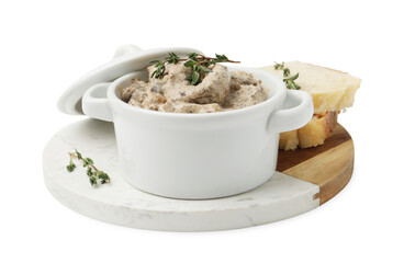 Tasty beef Stroganoff with thyme in casserole and bread isolated on white