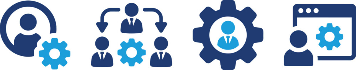 teamwork, workflow, management, process, gears, cogwheel, person, silhouette, icon, symbol, set, collection, graphic, design, blue, navy, white background, strategy, organization, collaboration, effic