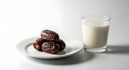 Sweet Dates Fruit and Fresh Milk in Glass on White Background for Healthy Eating