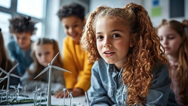 children learning model of wind turbine for wind energy