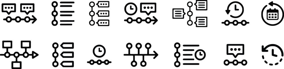 timeline, workflow, icon, process, steps, sequence, progress, development, strategy, planning, communication, chat, message, document, list, checklist, time, clock, calendar, cycle, arrow, connection,