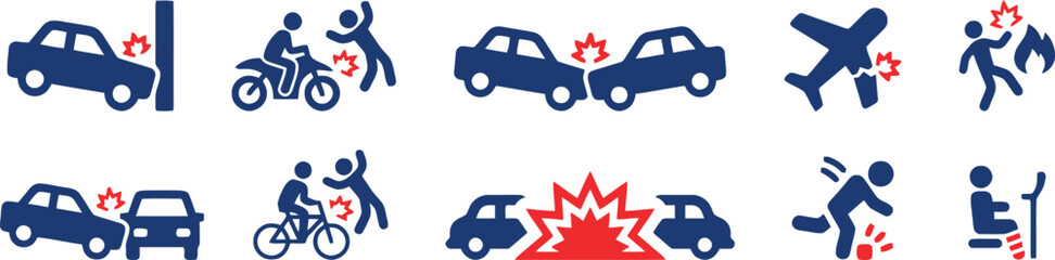 transportation, accident, injury, icon, car crash, collision, motorcycle, bicycle, airplane, pedestrian, impact, explosion, danger, risk, insurance, safety, blue, red, white background, vehicle, traff
