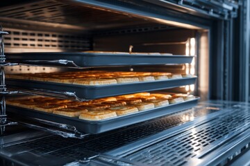 Obraz premium Golden baked pastries on multiple trays inside a commercial kitchen oven during production