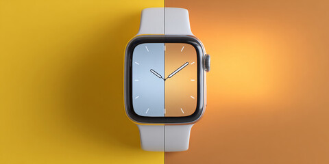 A smartwatch with a split screen showing the time as ten minutes past two, on an orange and yellow background