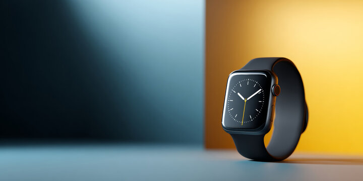 A black smartwatch with a digital clock displayed on its face is sitting against an orange and blue background - Powered by Adobe