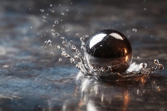 Reflective metal sphere creating a powerful water splash on a textured wet surface with clear flying droplets