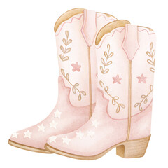 Pink Floral Cowgirl Boots with Stars in Soft Pastel Western Cute Illustration