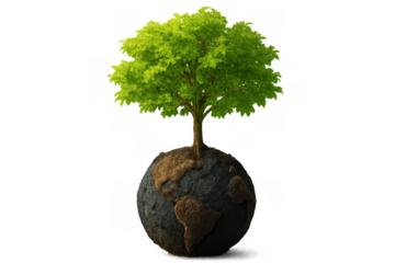 Green tree growing from earth globe concept symbolizing environmental sustainability, nature conservation, and global ecological growth on transparent background