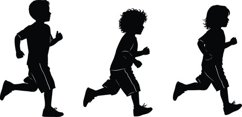 Set of three running boy silhouettes, active little children playing and jogging in profile view, black vector illustration.