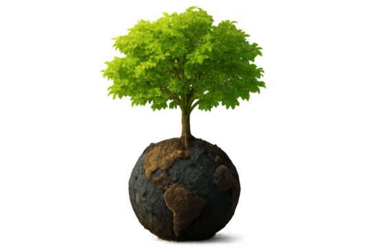 Green tree growing from earth globe concept symbolizing environmental sustainability, nature conservation, and global ecological growth on transparent background