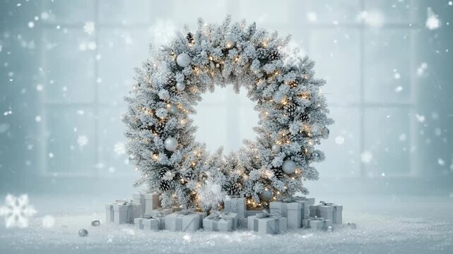 Winter Frosted Wreath Display in Snowy Scene with Lights.