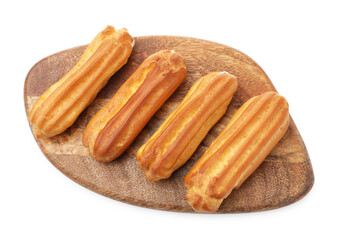 Tasty eclairs isolated on white, top view