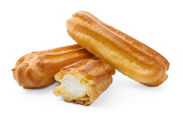 Tasty eclairs with whipped cream isolated on white