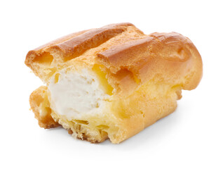 Half of tasty eclair with whipped cream isolated on white