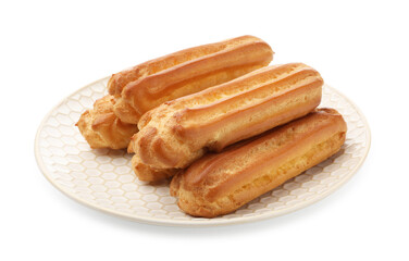 Tasty eclairs isolated on white. Delicious dessert