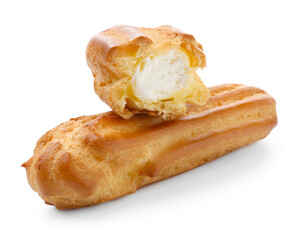Tasty eclairs with whipped cream isolated on white