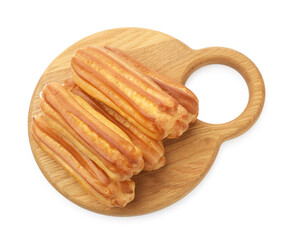 Tasty eclairs isolated on white, top view