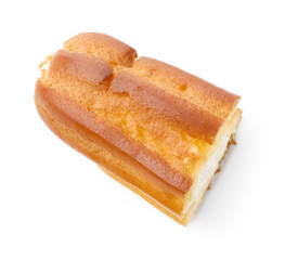 Half of tasty eclair with whipped cream isolated on white, top view