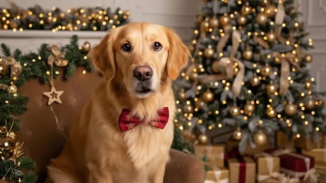 Festive Golden Retriever in Christmas Decor Bow Tie.