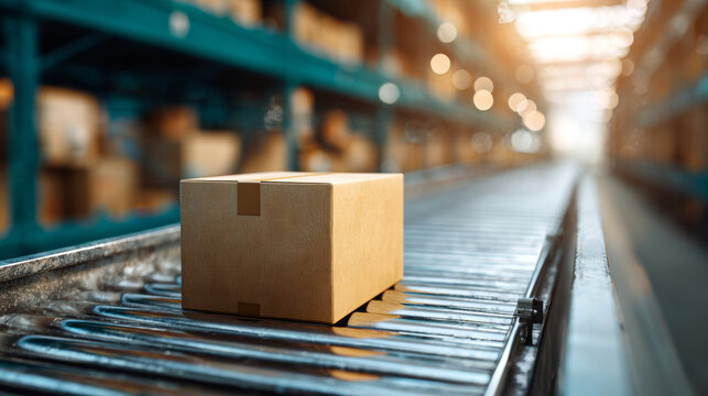 A cardboard box on a conveyor belt in the middle of an automated warehouse - Powered by Adobe