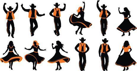 Silhouette collection of country western dancing couples and individuals in traditional cowboy hats, vests, and flowing skirts, celebrating rodeo, line dancing, and freedom.