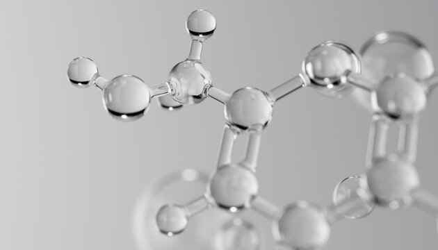 Science cosmetic lab technology 3d rendering. Beauty product with Kojic Acid molecular structure abstract biochemistry background concept.