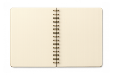 Open spiral bound notebook with clean, blank cream pages ready for writing, drawing, or note-taking, isolated on transparent background