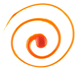 Round caramel sauce swirl isolated on a white background, top view. Sweet caramel sauce.