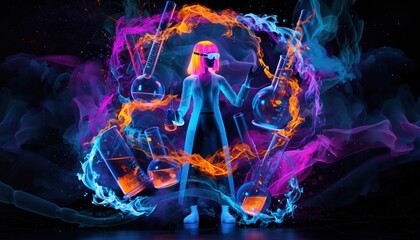 Futuristic scientist with neon chemical experiment in virtual reality lab