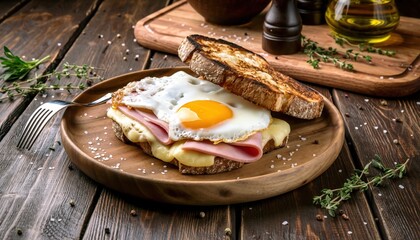Gourmet breakfast sandwich with fried egg on rustic wooden table