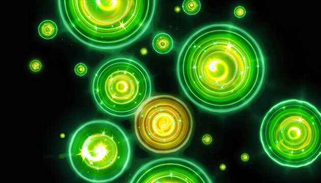 Abstract glowing green and yellow circles with sparkles on black background