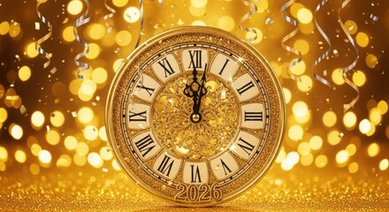 Golden clock striking midnight against bokeh lights