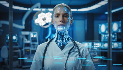 Futuristic medical ai: nurse with digital interface in high-tech hospital setting