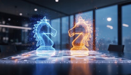 Futuristic neon chess knights battling in a high-tech office environment