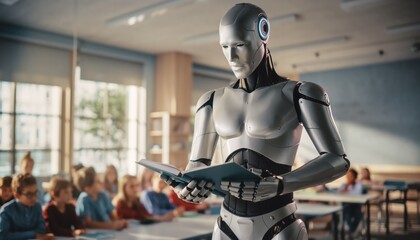Robot teacher guiding classroom of young students in futuristic educational environment