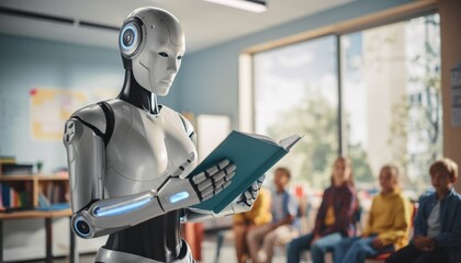Futuristic robot teaching children in a modern classroom setting