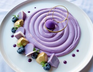 Elegant dessert presentation with purple mousse and artistic garnishes on white plate