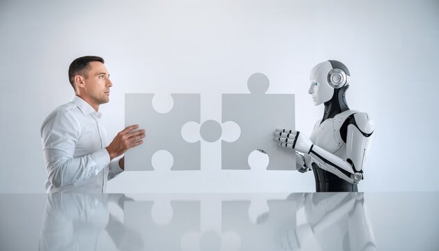 Human-robot collaboration concept with puzzle pieces in futuristic setting