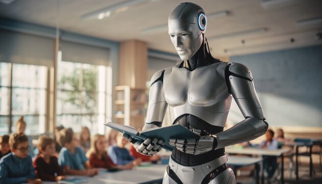 Robot teacher guiding classroom of young students in futuristic educational environment