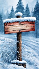 Snow-covered wooden sign in tranquil winter forest scene