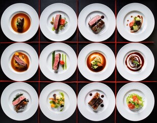 Gourmet plated dishes: culinary art on white plates with elegant presentation