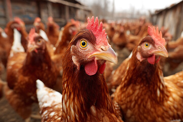 Intense Gaze of a Brown Hen with a Vivid Red Comb Amidst a Crowded Flock