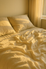 a hotel bed bathed in yellow light, with the bed made up