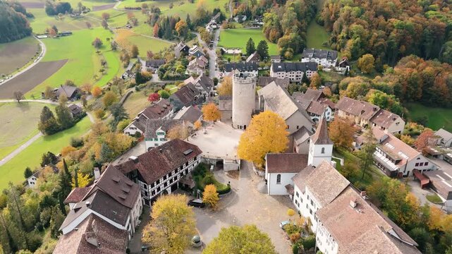 Flight over the historic town of Regensberg near Zurich