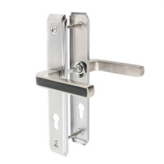 High quality studio image of a silver lever door handle set with slim black inlay on the handle, shown with mounting rods and backplates against a white background. Ideal for hardware catalogues